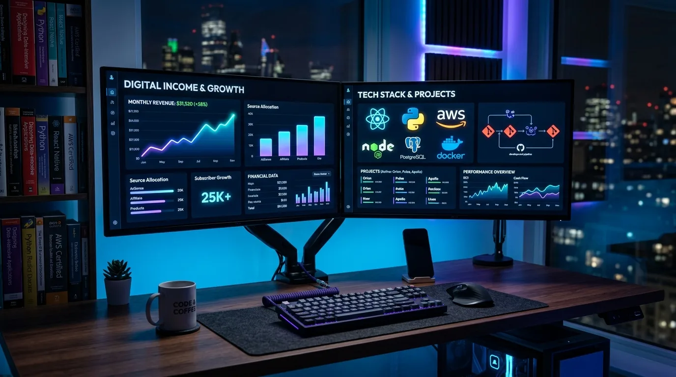 Modern software developer analyzing salary trends and tech stack compensation charts on a dual-monitor setup