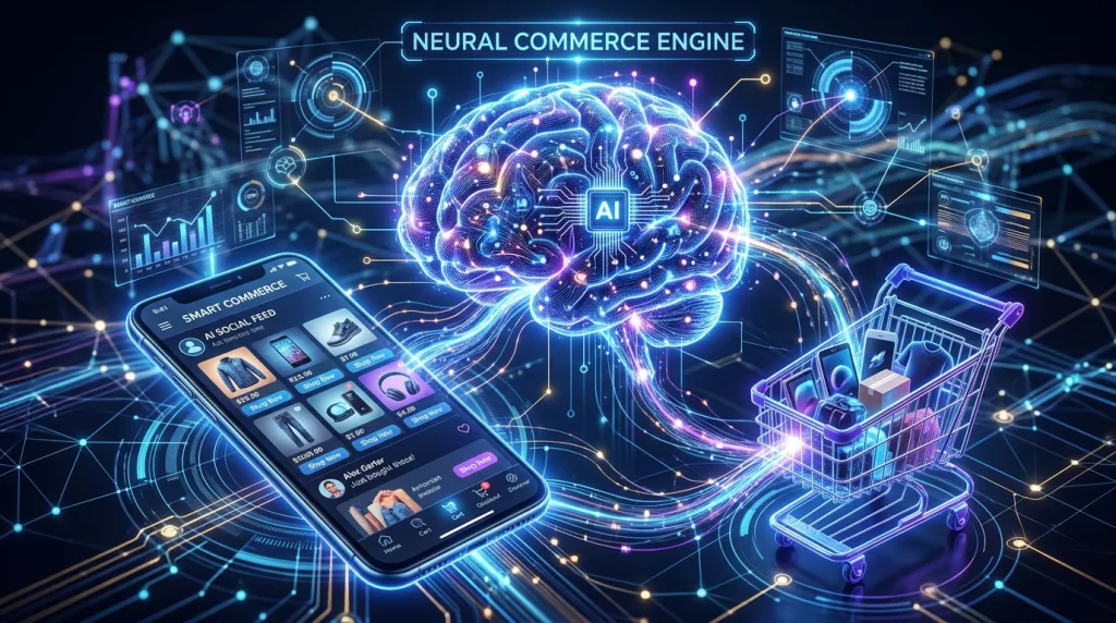 Futuristic illustration representing 2026 digital marketing trends like AI and social commerce.