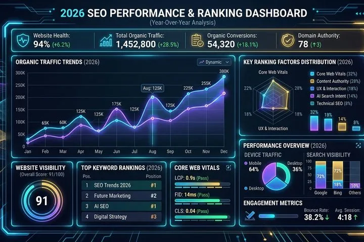 Abstract digital dashboard displaying 2026 SEO ranking factors, website metrics, and performance charts.