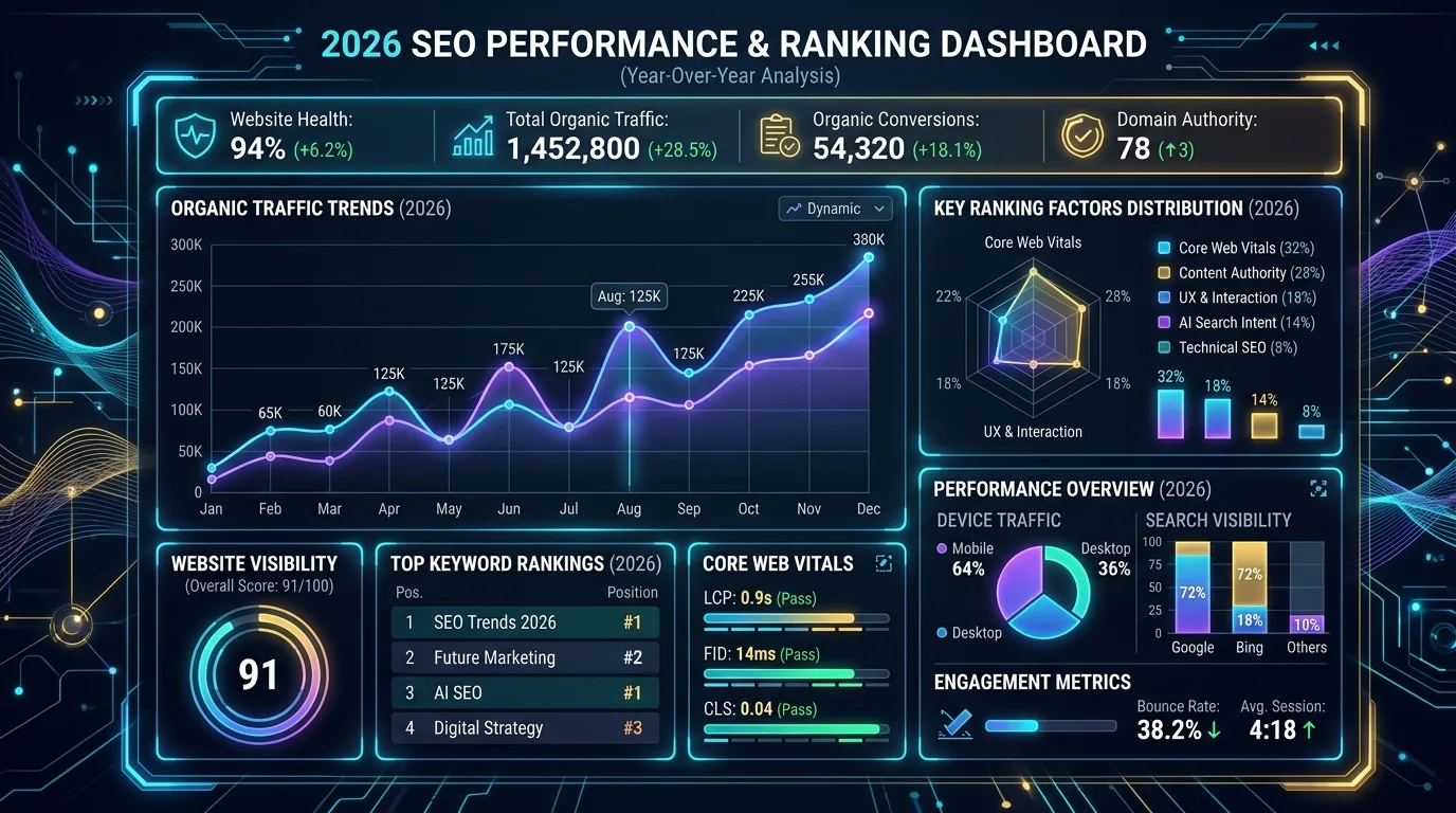 Abstract digital dashboard displaying 2026 SEO ranking factors, website metrics, and performance charts.