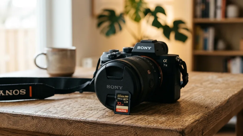 32GB memory card resting beside a professional camera lens