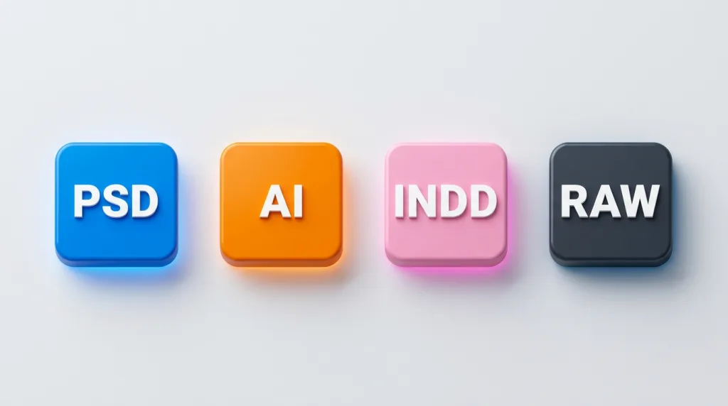 3D icons representing common professional source file formats including PSD, AI, INDD, and RAW.
