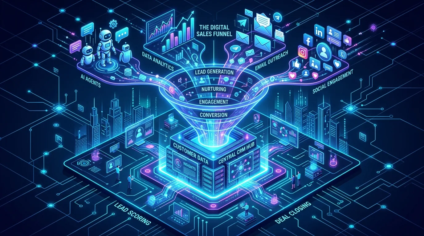 3D illustration of a futuristic B2B lead generation and sales funnel featuring AI and data icons.