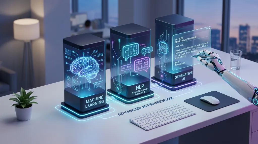 3D illustration showing the core components of AI lead generation machine learning, NLP, and generative AI.