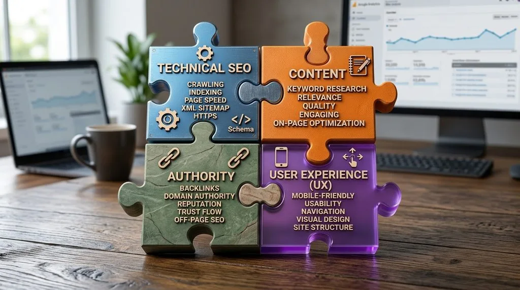 3D puzzle pieces representing technical, content, authority, and user experience components of SEO.