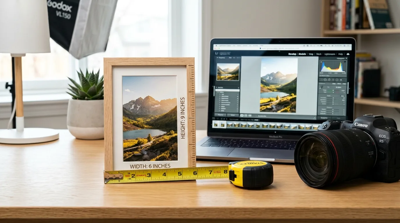 A 4x6 photo print placed in an aesthetic picture frame next to a measuring ruler on a desk.