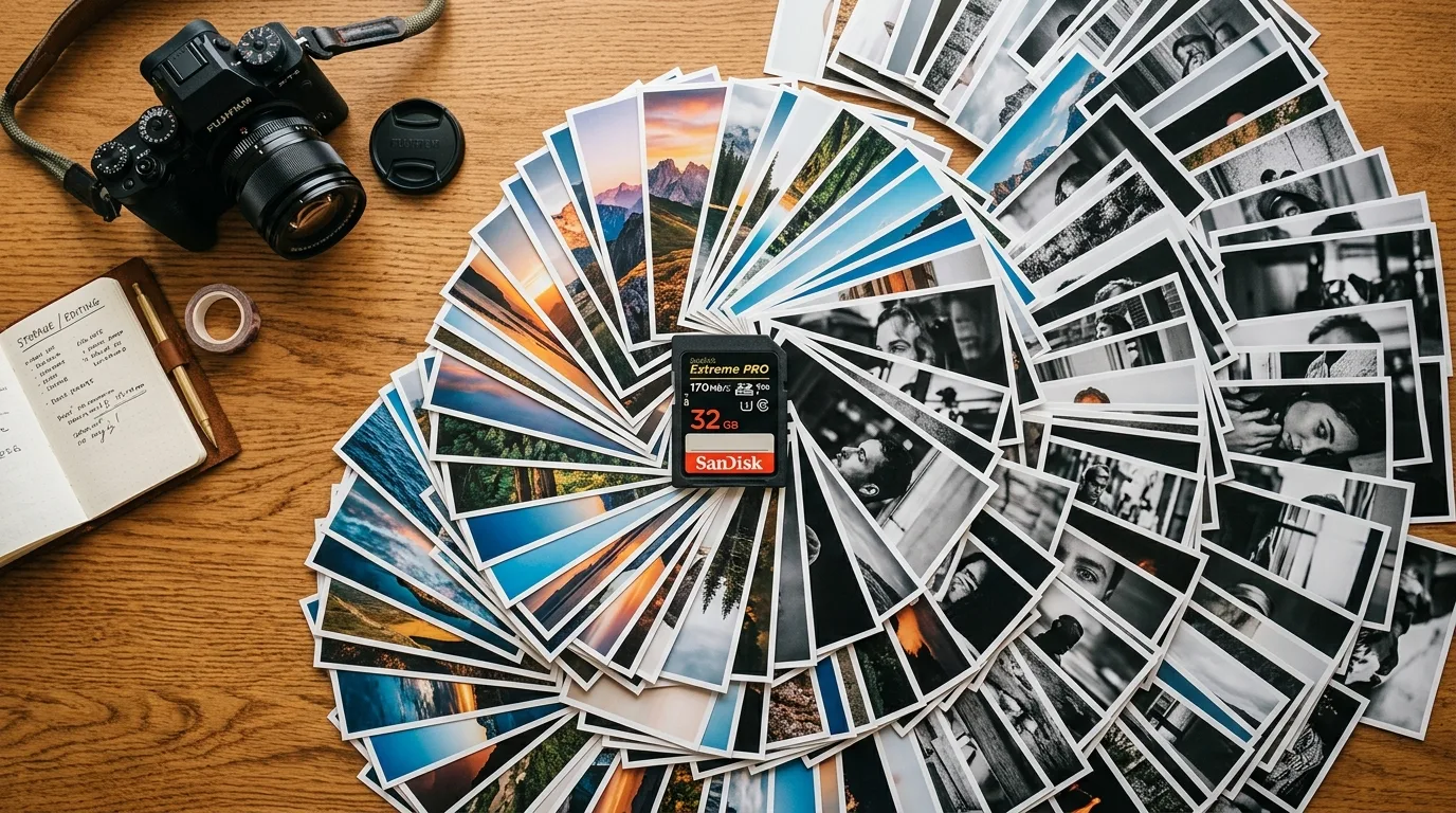 A 32GB memory card on a desk surrounded by a camera and scattered photos, representing how many photos can 32GB hold