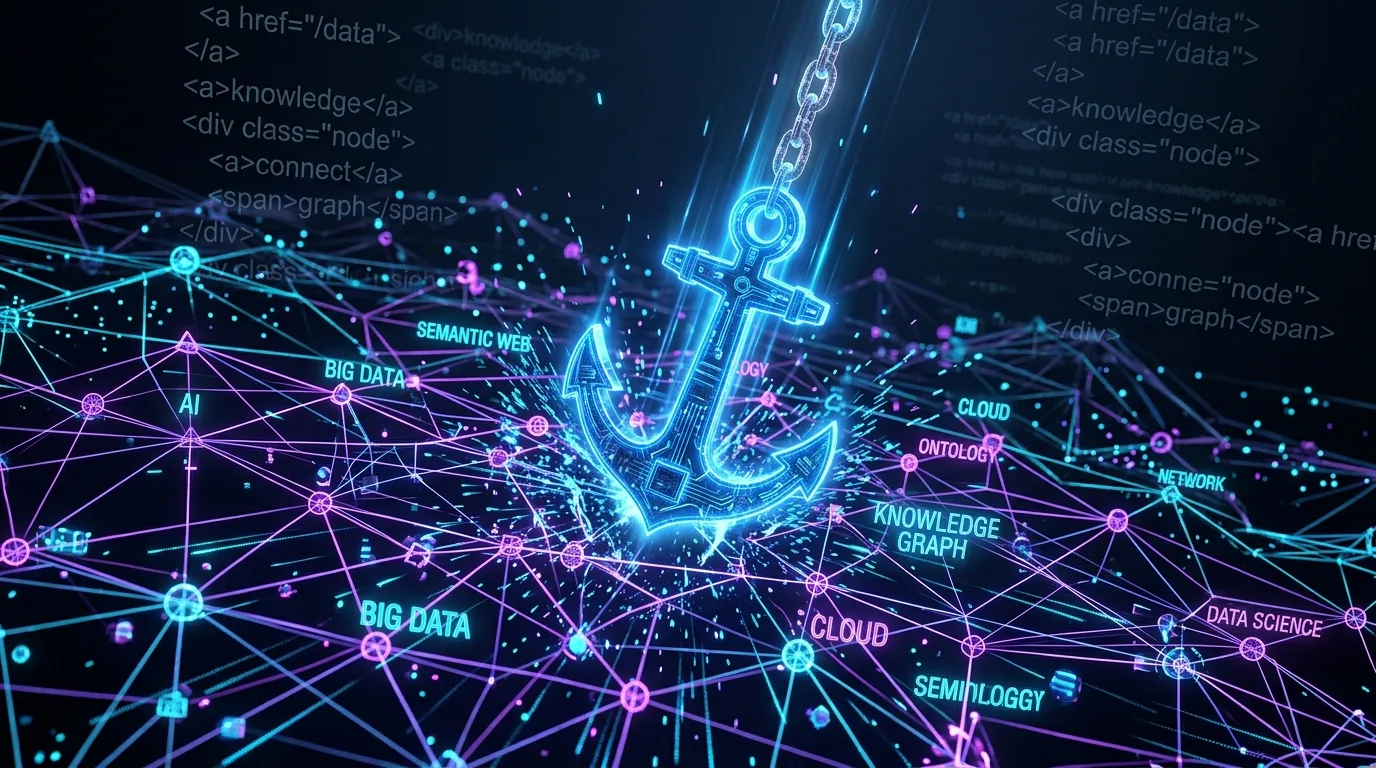 A 3D illustration of a digital anchor connecting to a glowing neural network, representing how AI search engines and LLMs process anchor text.