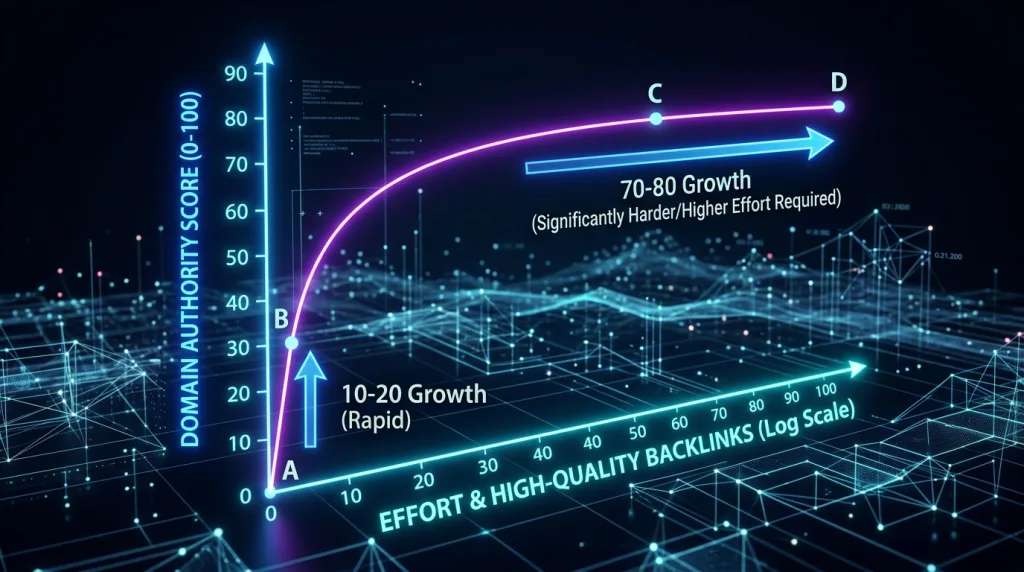 A 3D logarithmic curve graph demonstrating how Domain Authority becomes exponentially harder to increase at higher score tiers.