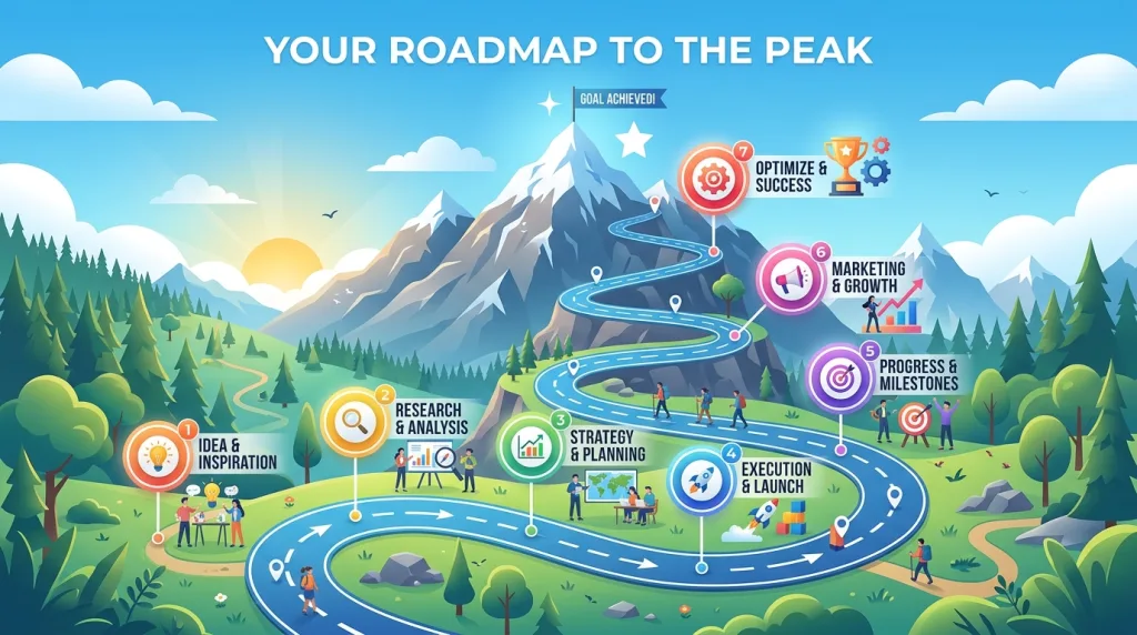 A 7-step visual roadmap showing the journey from brainstorming to validating a profitable niche.