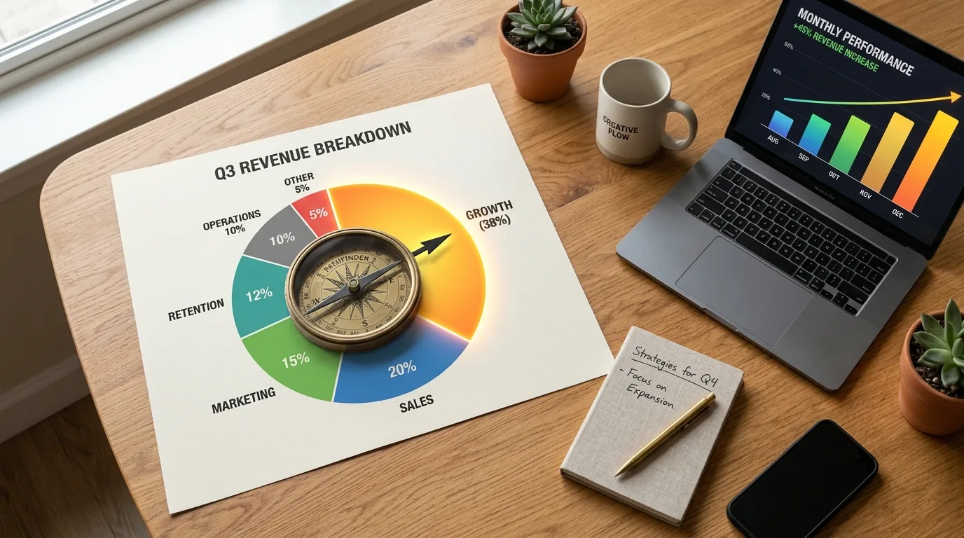 A compass pointing to a highlighted piece of a pie chart, representing successful niche market research.