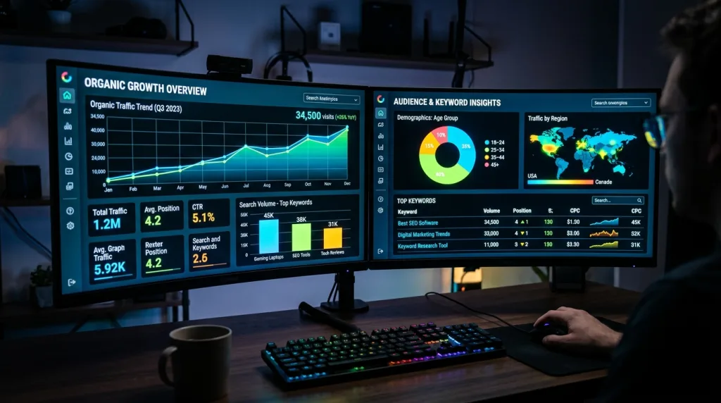 A computer screen displaying digital analytics, trend lines, and keyword research tools.