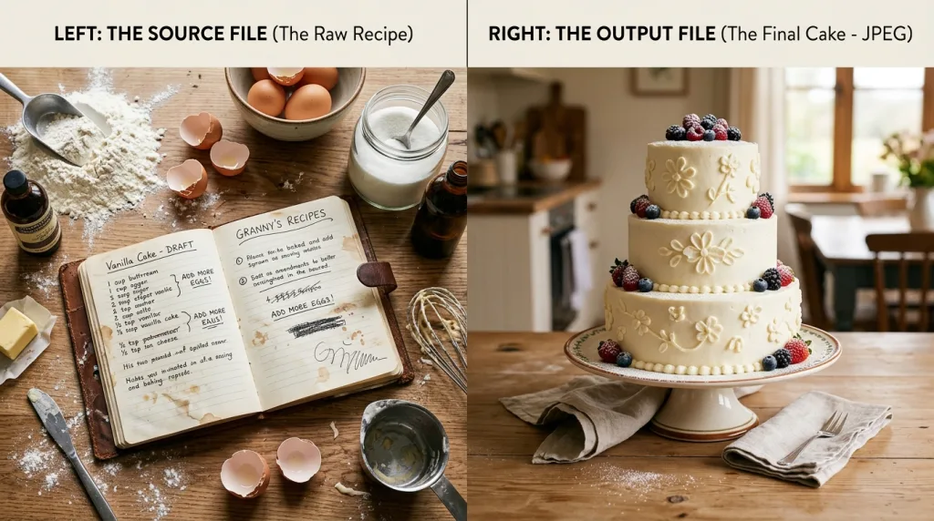 A conceptual comparison showing raw baking ingredients representing a source file and a finished cake representing a JPEG output file.
