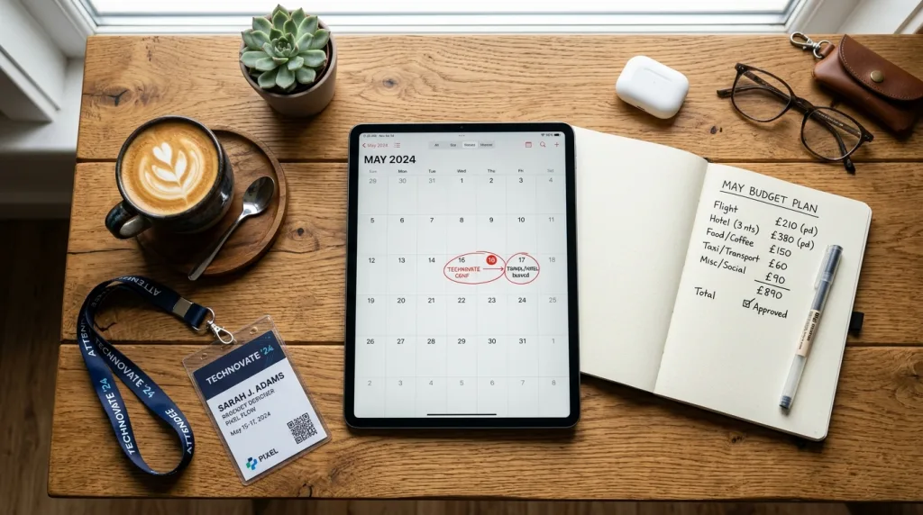 A desk displaying a tablet calendar, a notebook, and a conference lanyard used for planning SEO event attendance.