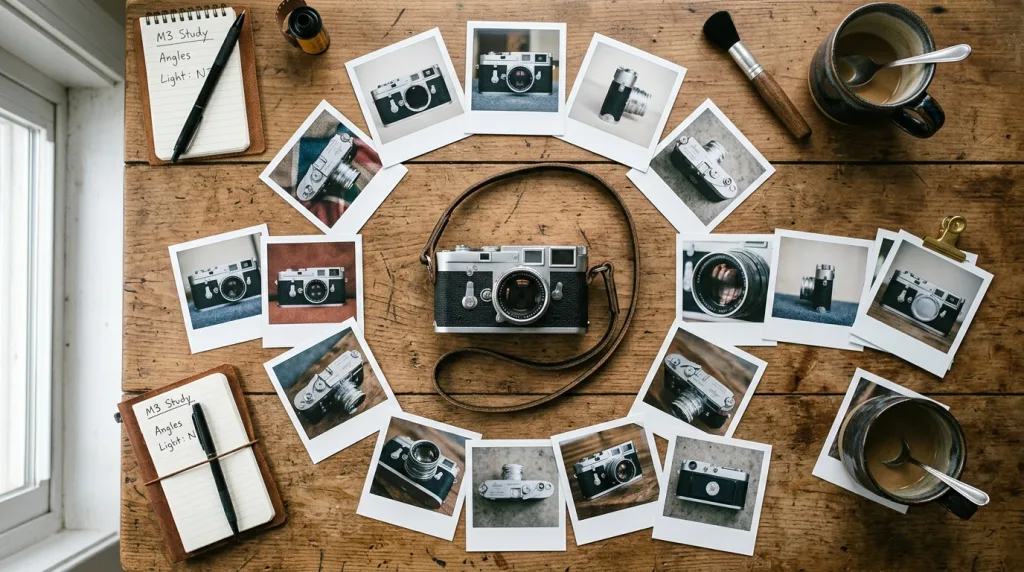 A desk showing printed photos of the same object taken from ten different angles.
