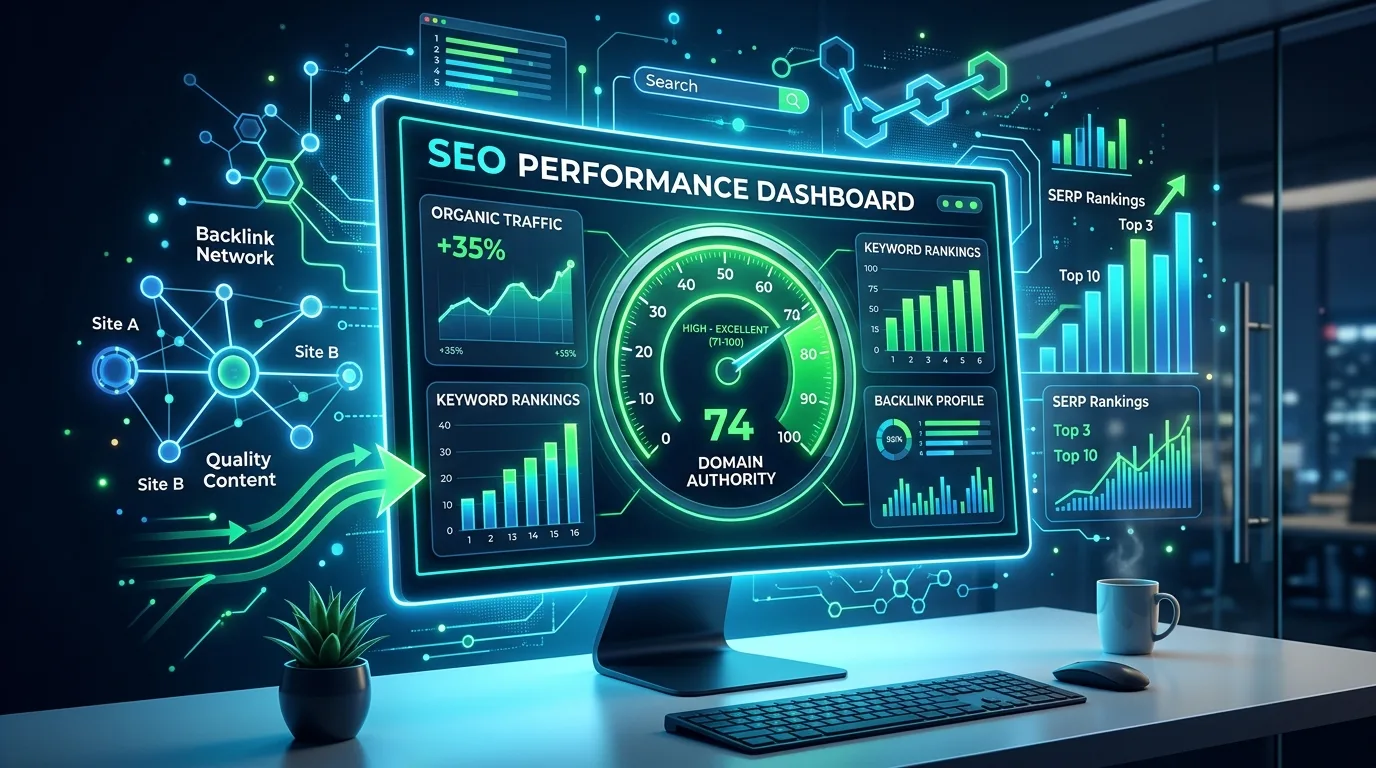 A digital dashboard showing a Domain Authority score gauge surrounded by SEO metrics and backlink nodes.