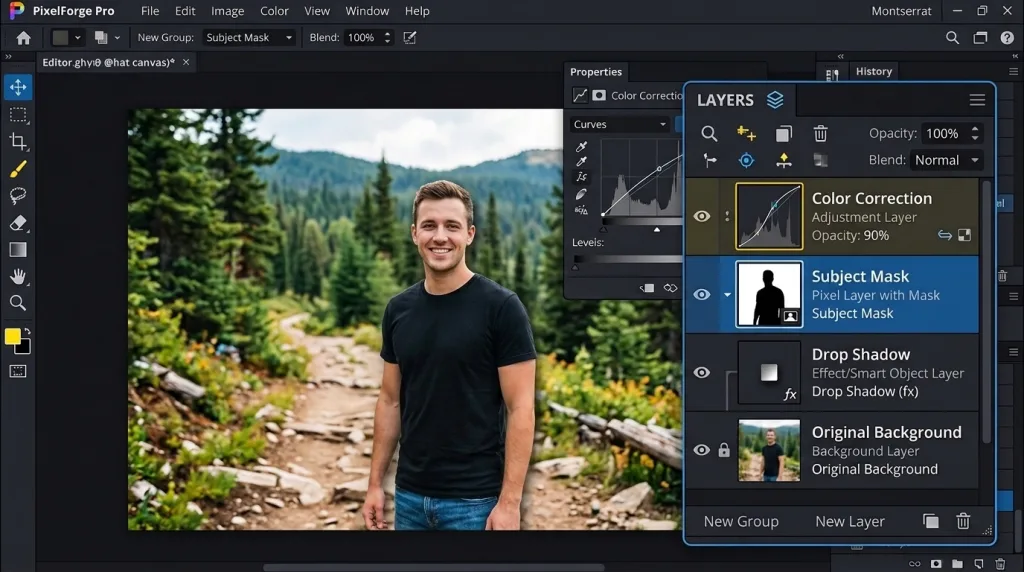 A digital illustration of a photo editing software layers panel showing organized layers and masks for non-destructive editing.