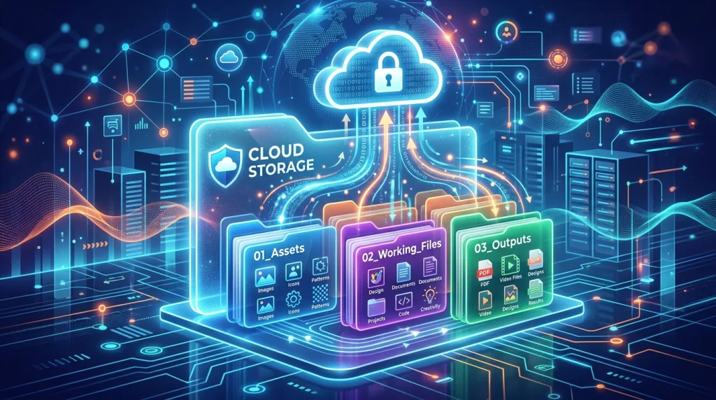 A digital illustration of an organized project folder structure with secure cloud backup integration.