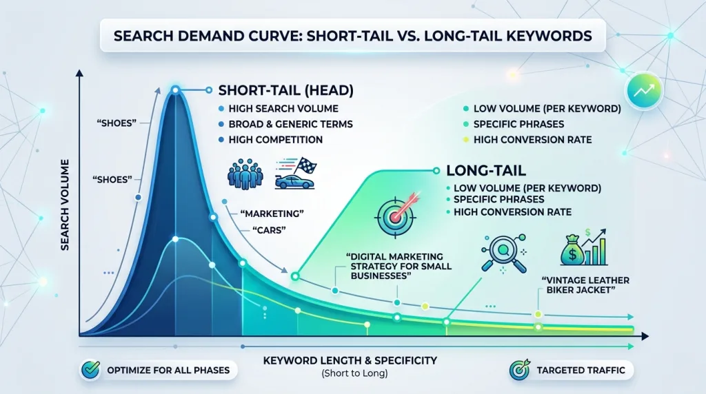 A graph illustrating the search volume and conversion rates of short-tail, mid-tail, and long-tail keywords.