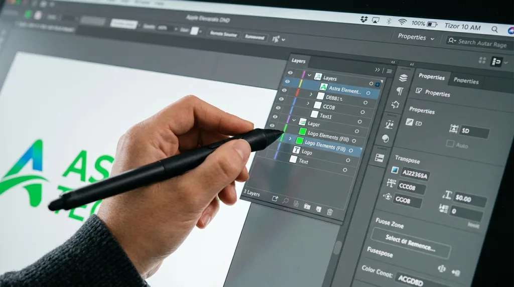 A graphic designer using a stylus to easily change the color of an editable logo layer in a source file.