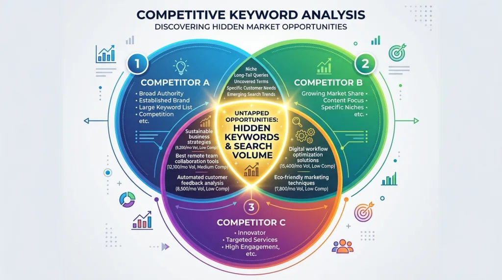A keyword gap analysis Venn diagram highlighting missed search opportunities.