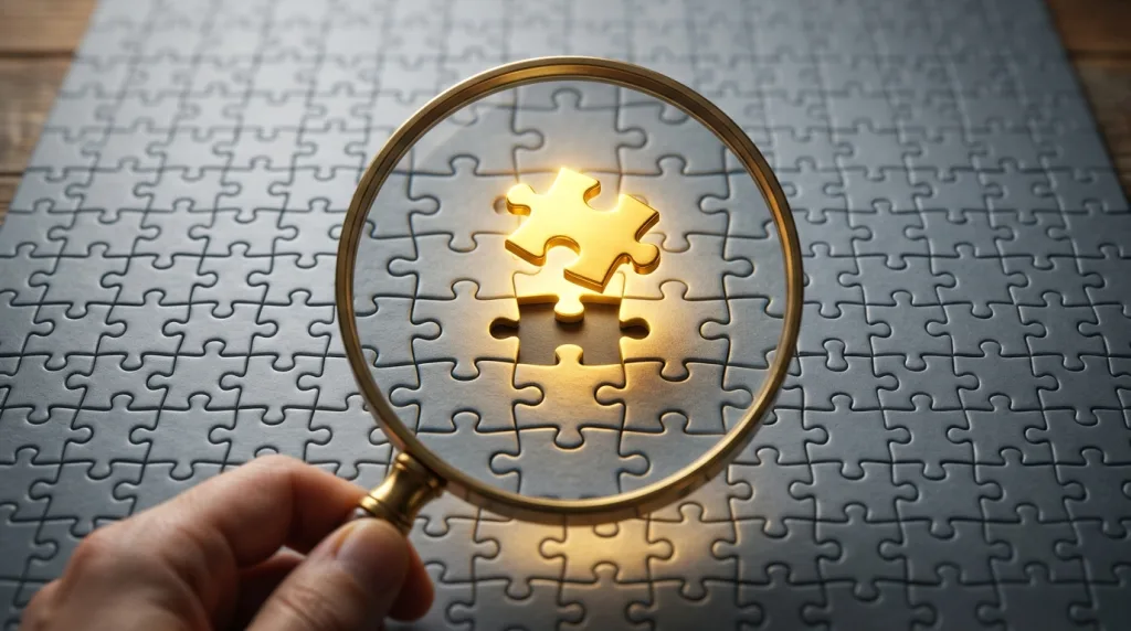 A magnifying glass focusing on a unique golden puzzle piece, symbolizing the discovery of a specialized target audience.