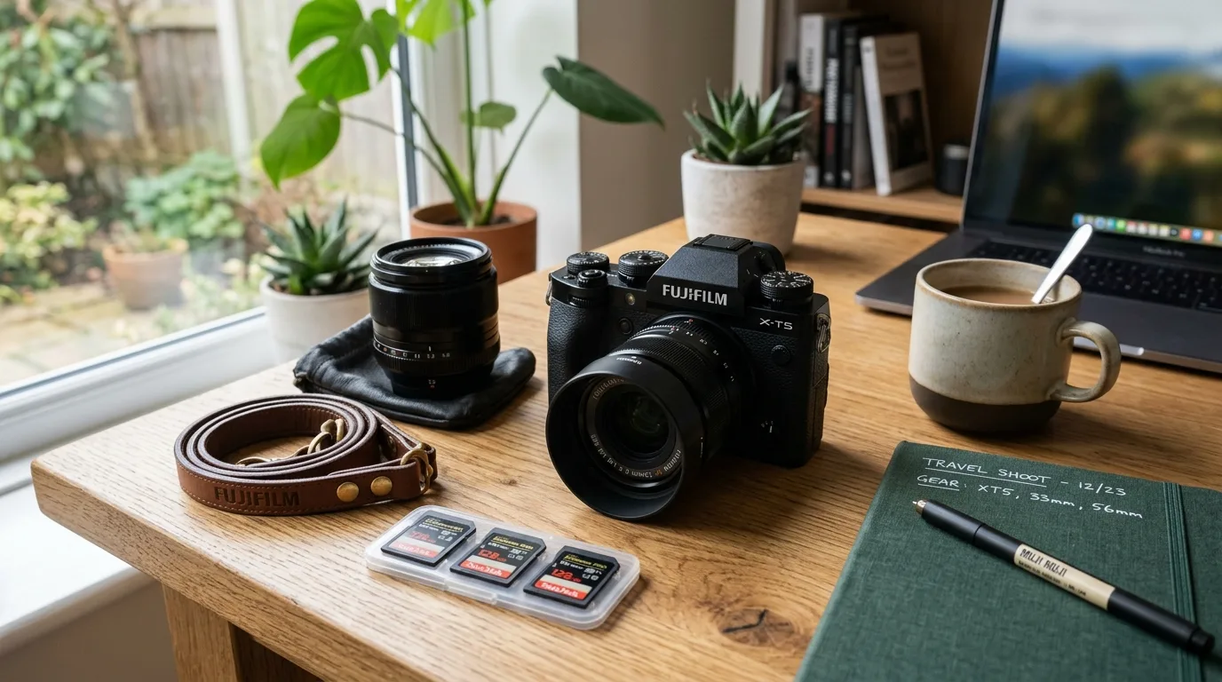 A modern mirrorless camera on a desk representing the top camera brands of 2026.