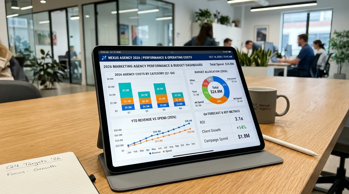 A modern tablet displaying marketing analytics and budget charts, representing marketing agency costs in 2026.