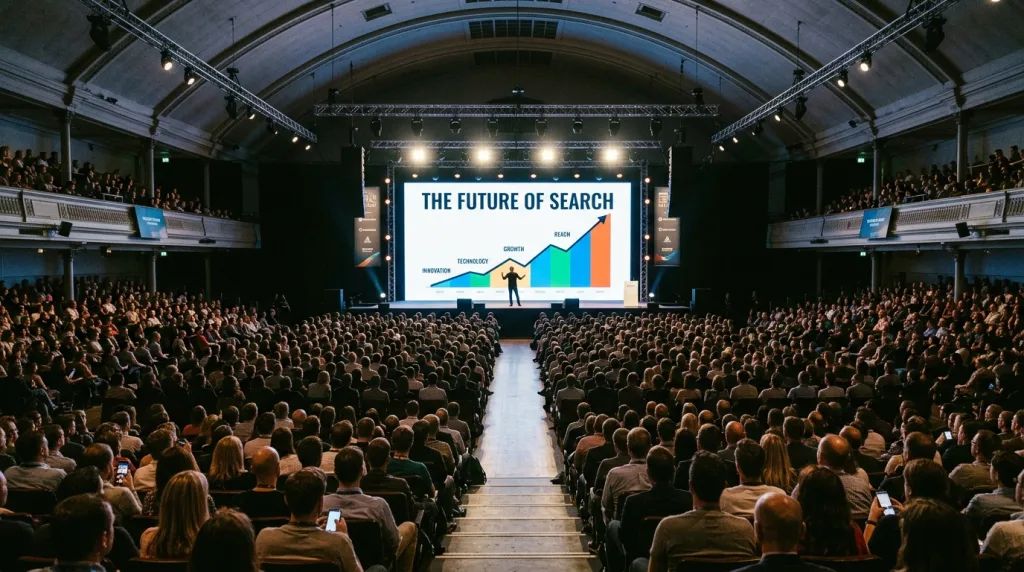 A speaker presenting search marketing trends to a large audience at a global SEO conference.