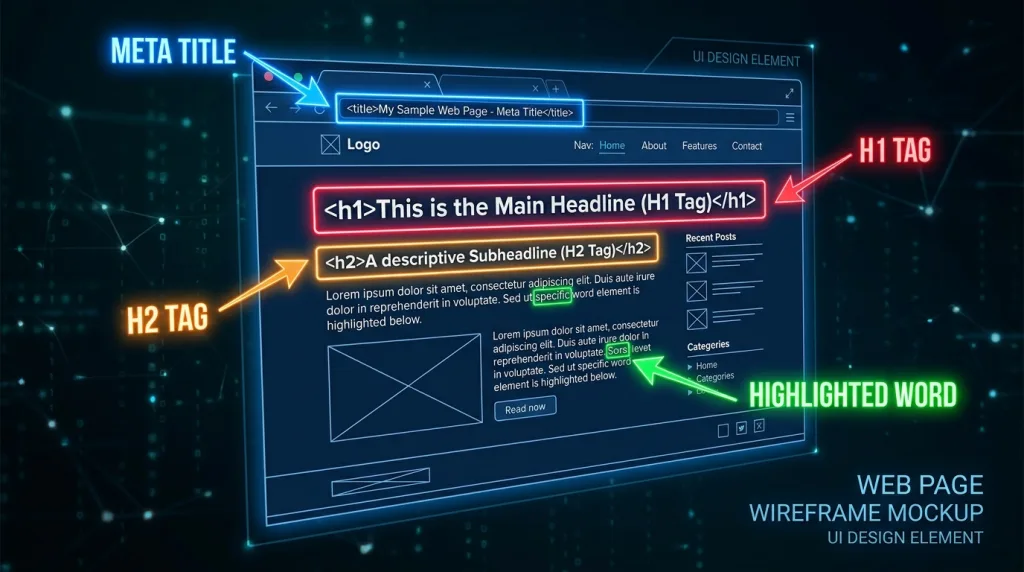 A website wireframe blueprint showing strategic on-page SEO keyword placement in titles and headers.