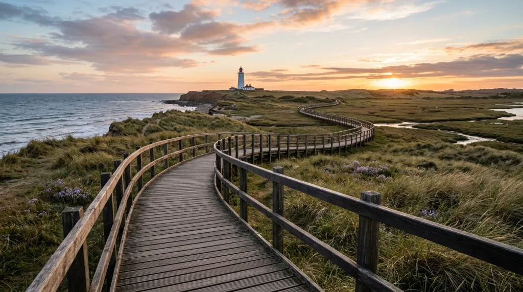 A wooden boardwalk acting as a leading line toward a distant lighthouse.