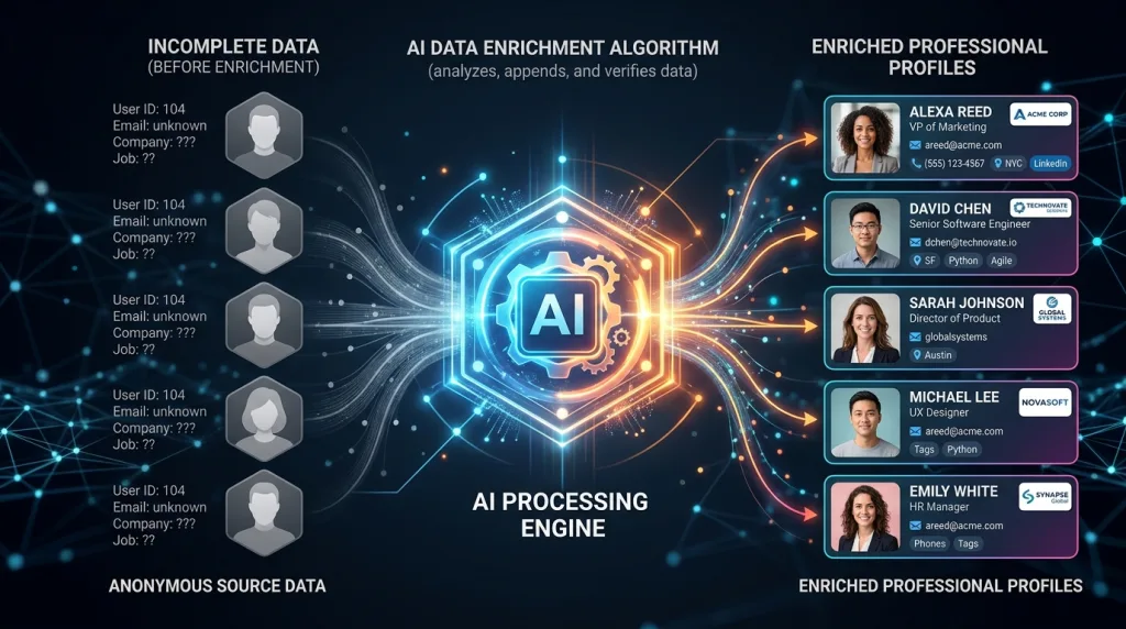 Conceptual illustration of AI programmatic data enrichment turning anonymous leads into verified professional profiles.