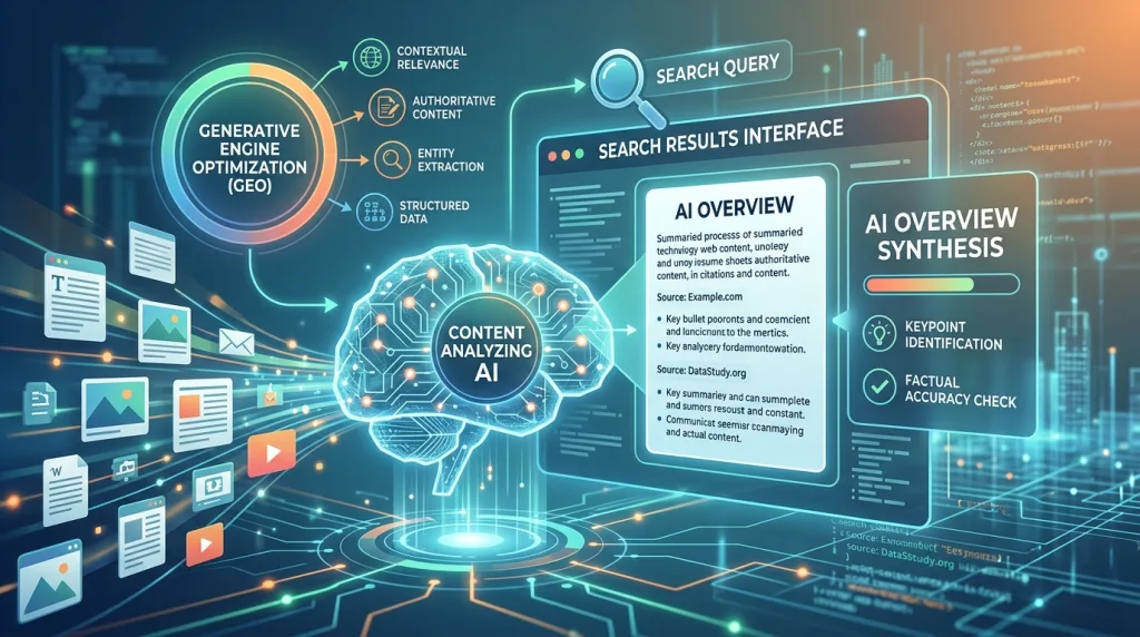 AI analyzing web content representing Generative Engine Optimization and AI Overviews in search.