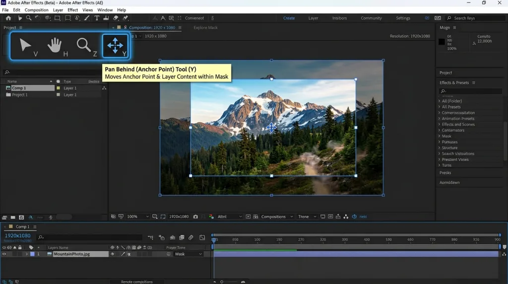Adobe After Effects top toolbar highlighting the Pan Behind Tool icon used for moving images inside masks.
