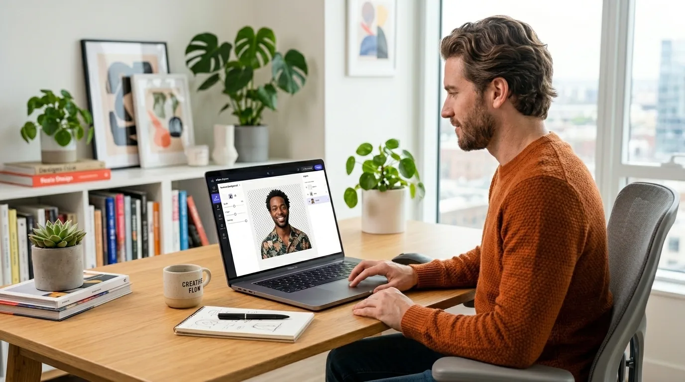 working on a laptop using Adobe Express background remover to isolate a product photo