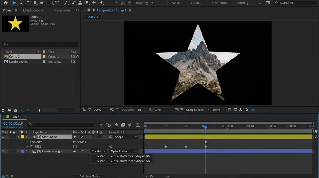 After Effects timeline panel illustrating a shape layer configured as a track matte for an image layer.