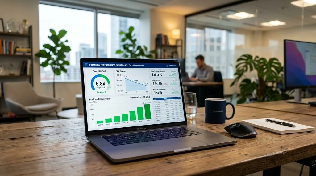 Analytics dashboard showing key conversion metrics like ROAS, CPA, and total marketing revenue.