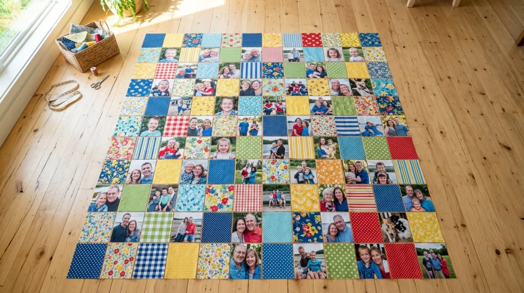 Arranging photo fabric squares and accent fabric on the floor in a grid layout