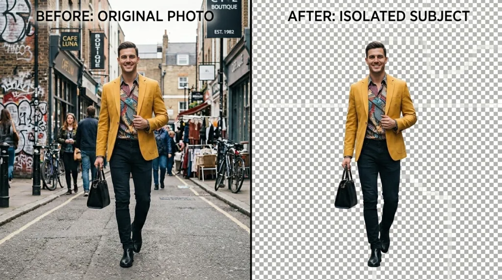 Before and after comparison showing a photo backdrop being removed to leave a transparent layer