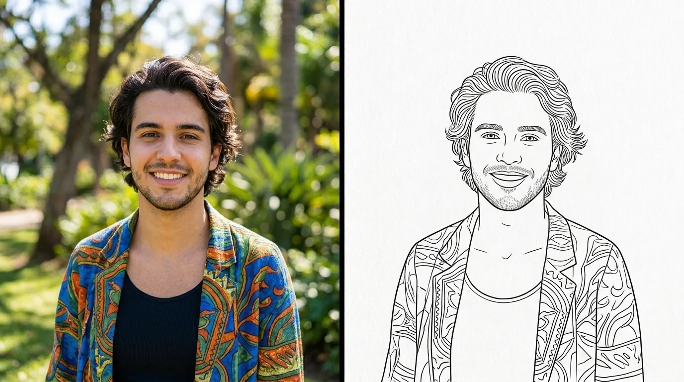 Before and after visual comparison of a photograph converted into clean line art using Adobe Photoshop