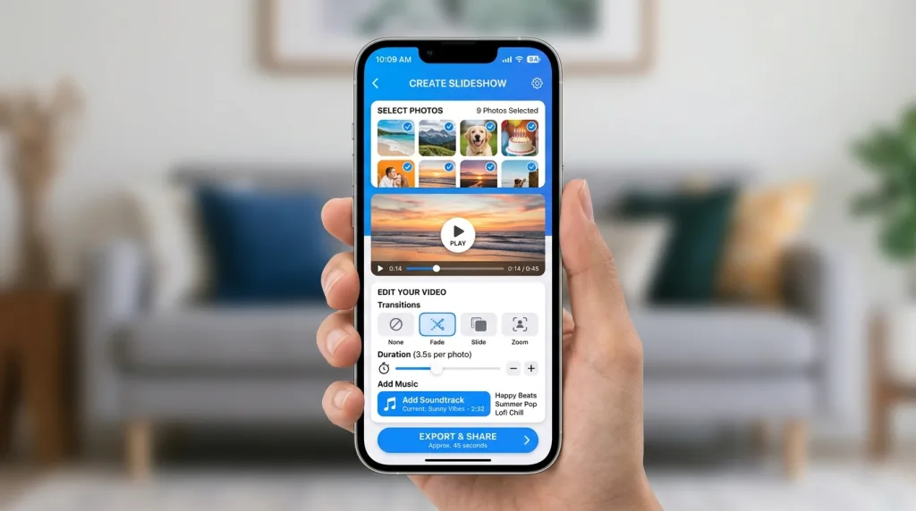 Beginner friendly mobile photo slideshow app with drag and drop photo editing feature.