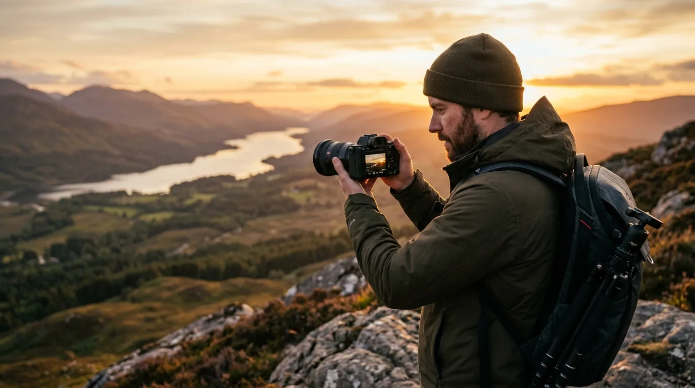 Beginner photographer learning camera settings outdoors at sunset