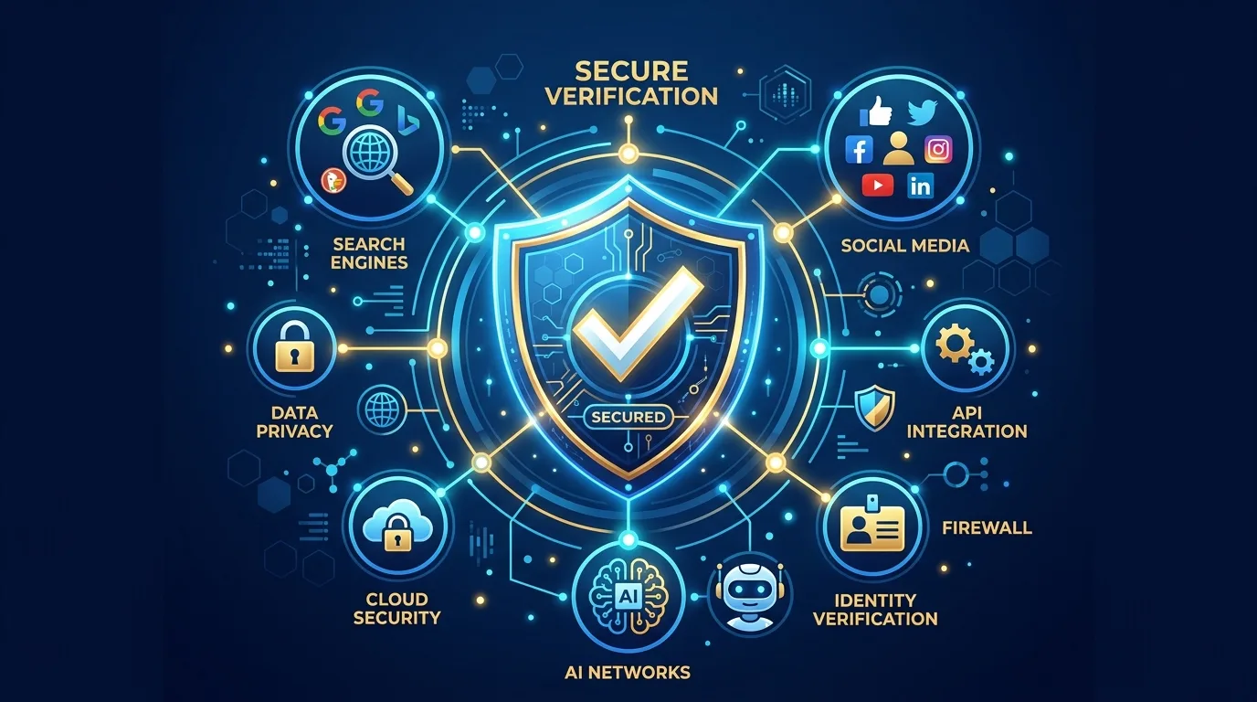 Brand authority concept showing a trust shield connected to search engines and social media networks.