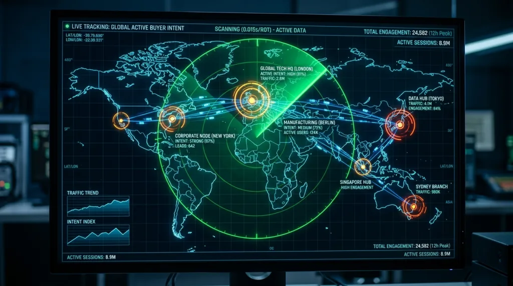 Digital radar interface tracking buyer intent data and identifying active website traffic across a global map.