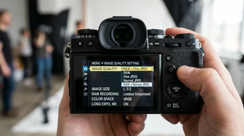 Camera LCD menu screen highlighting the RAW plus JPEG dual image quality setting