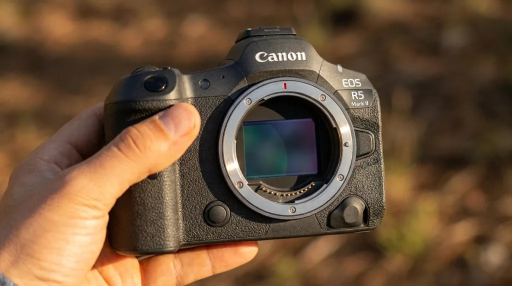 Canon EOS R5 Mark II hybrid camera setup for professional video production and stills.