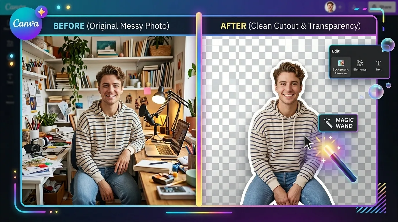 Before and after comparison of removing a photo background using the Canva background remover.