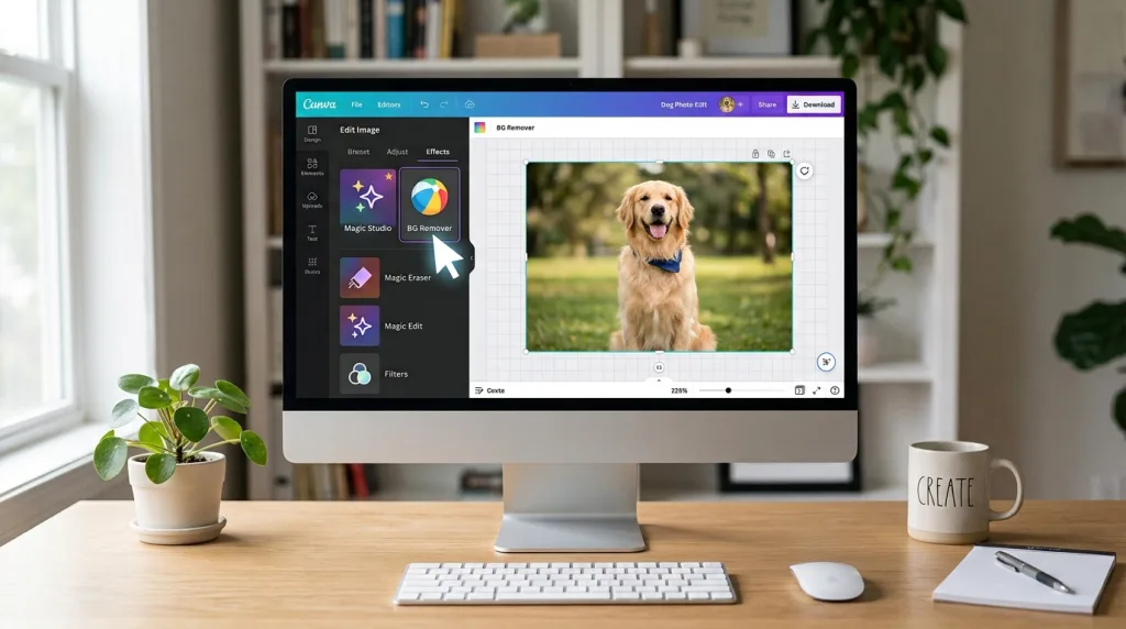 Clicking the BG Remover tool icon in the Canva desktop editor interface.
