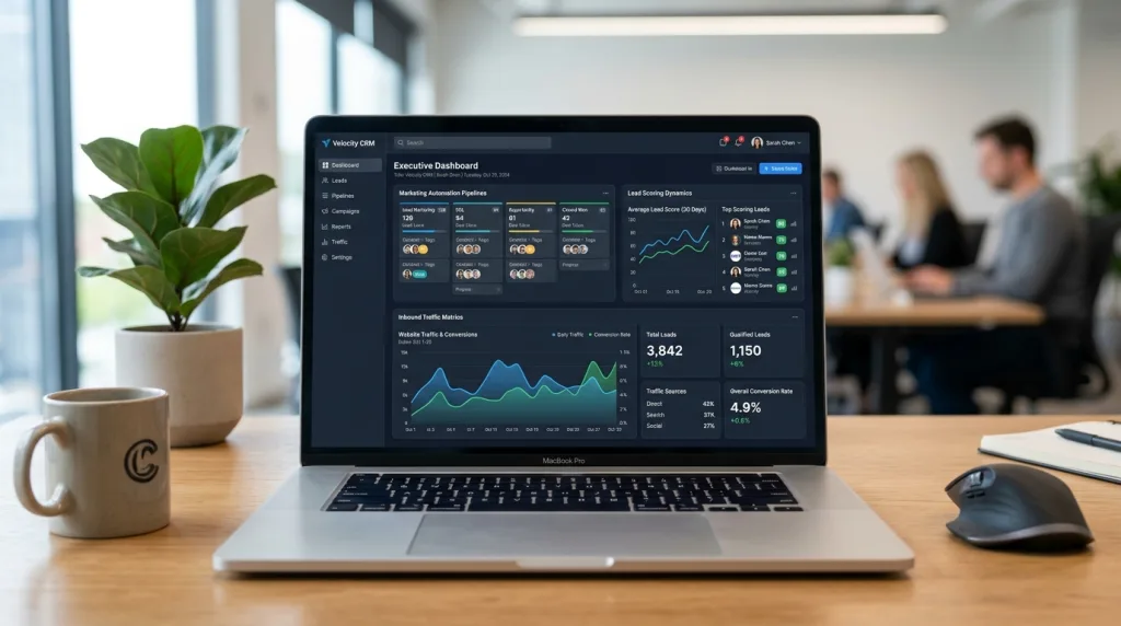 User interface mockup of a modern all-in-one CRM dashboard showing inbound lead scoring and sales pipeline metrics.