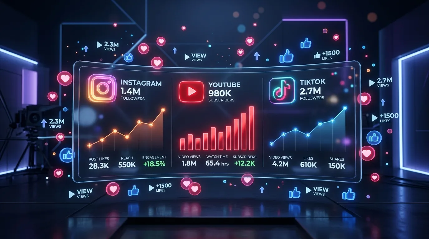 A modern centralized dashboard showing social media metrics and an SMM panel interface.